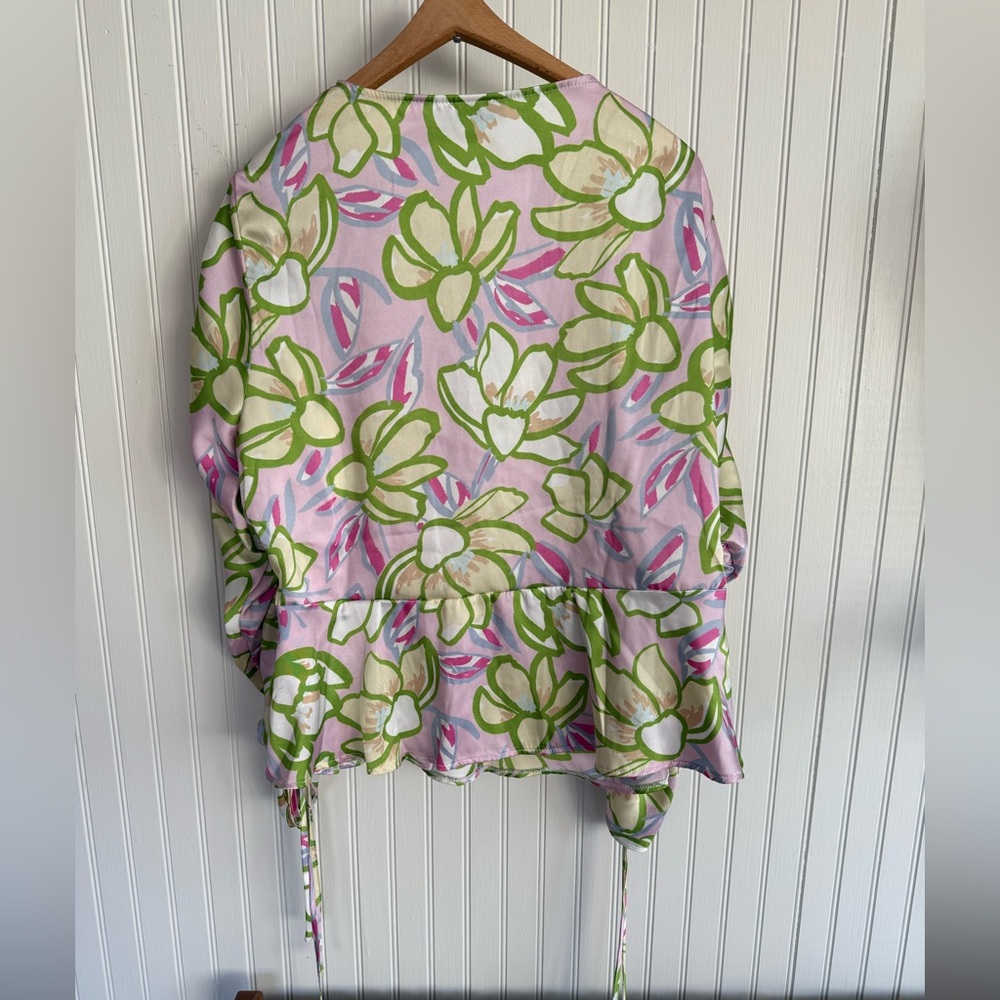 ASOS Design Floral Ruched Sleeve Pink and Green Blouse Size 14 - Picture 5 of 6